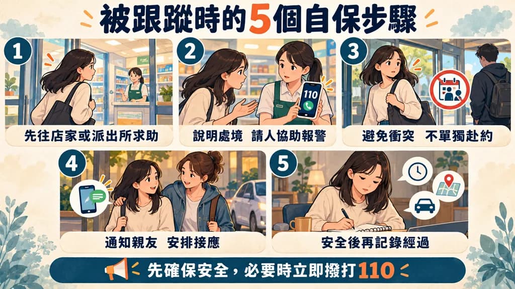 五格插畫呈現被跟蹤後的自保步驟:進店求助、請人報警、避免衝突、通知親友,以及安全後記錄經過。