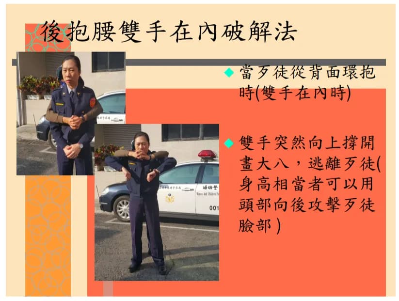 背後環抱脫困示範,呈現雙臂被圈住後,將雙臂向上、向外撐開的動作。