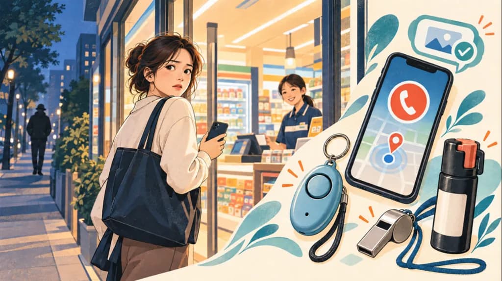 女子手持手機,在便利商店門口緊張回頭,後方有一道人影;右側展示警報器、哨子與噴霧罐。