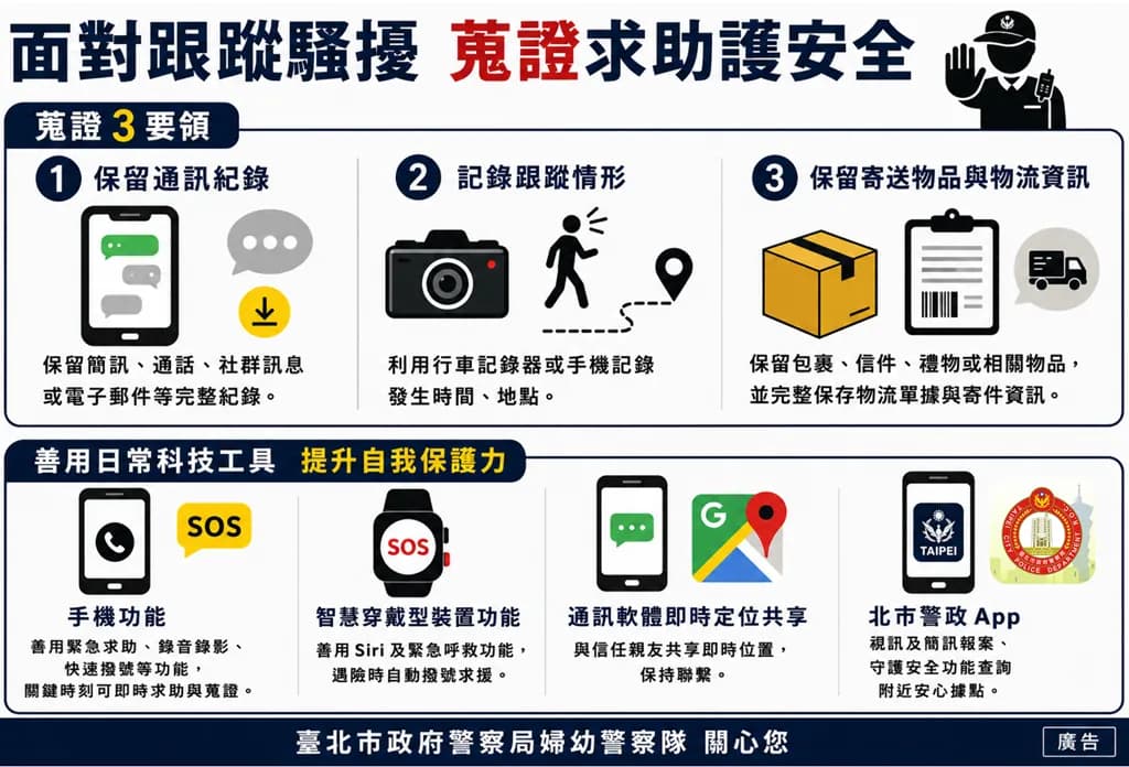 跟騷自保圖卡,列出保留通訊紀錄、記錄跟蹤情形及保存寄件資訊,並介紹科技求助工具。
