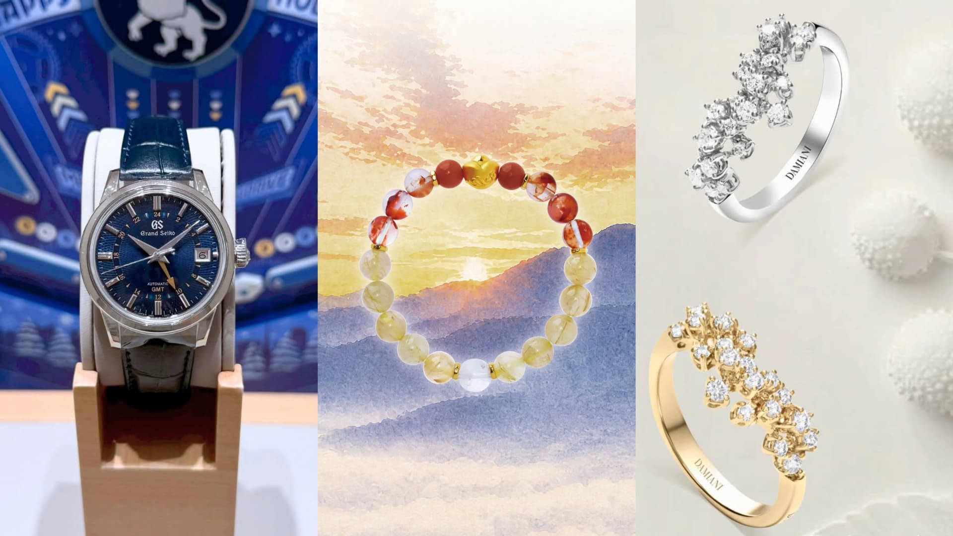 桃園機場精品展售拼接圖,左圖為Grand Seiko藍面GMT機械腕錶,中間為昇恆昌珠寶阿里山系列水晶手鍊,右圖為Damiani MIMOSA系列白金與黃金鑽石戒指。