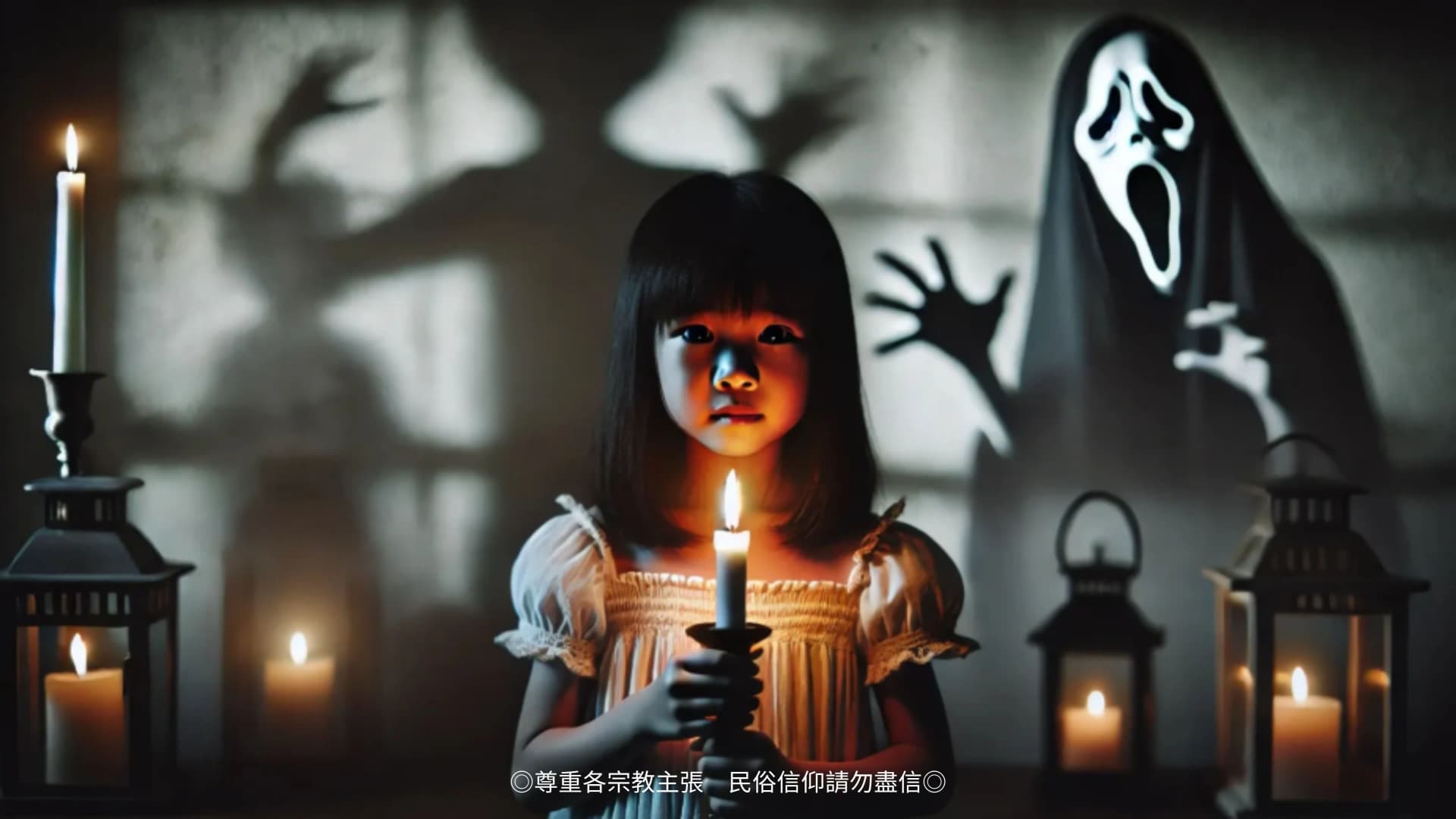 小女孩在暗室中手握燃燒的蠟燭,身後牆上投影出詭異爪影與《驚聲尖叫》面具鬼影。