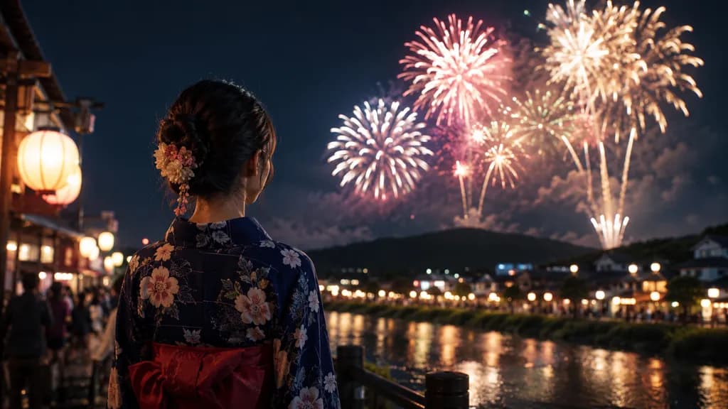 旅客穿浴衣欣賞日本花火大會,呈現赴日賞煙火的旅遊熱潮。