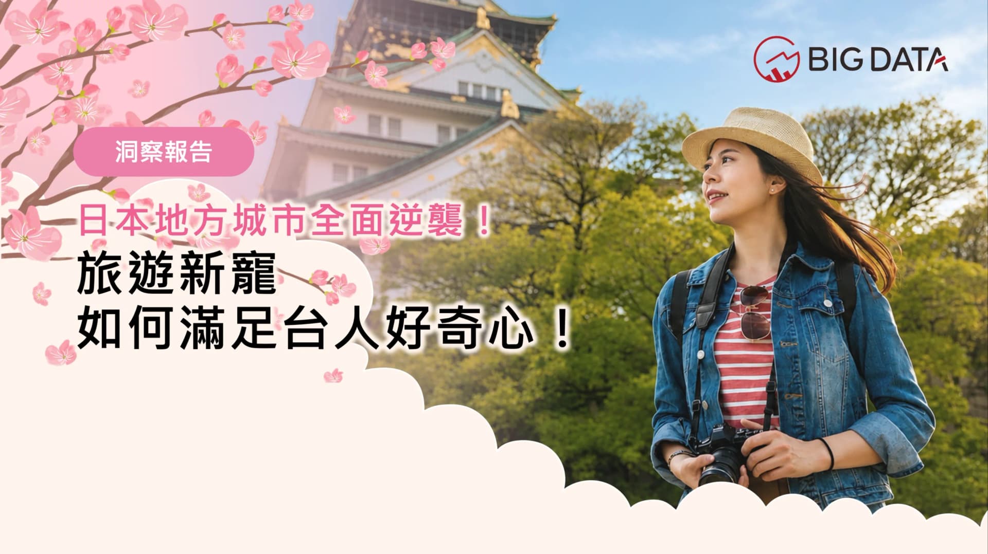 一名戴草帽、手持相機的女性遊客站在大阪城前,畫面搭配櫻花圖樣與右上角「BIG DATA」品牌標誌。