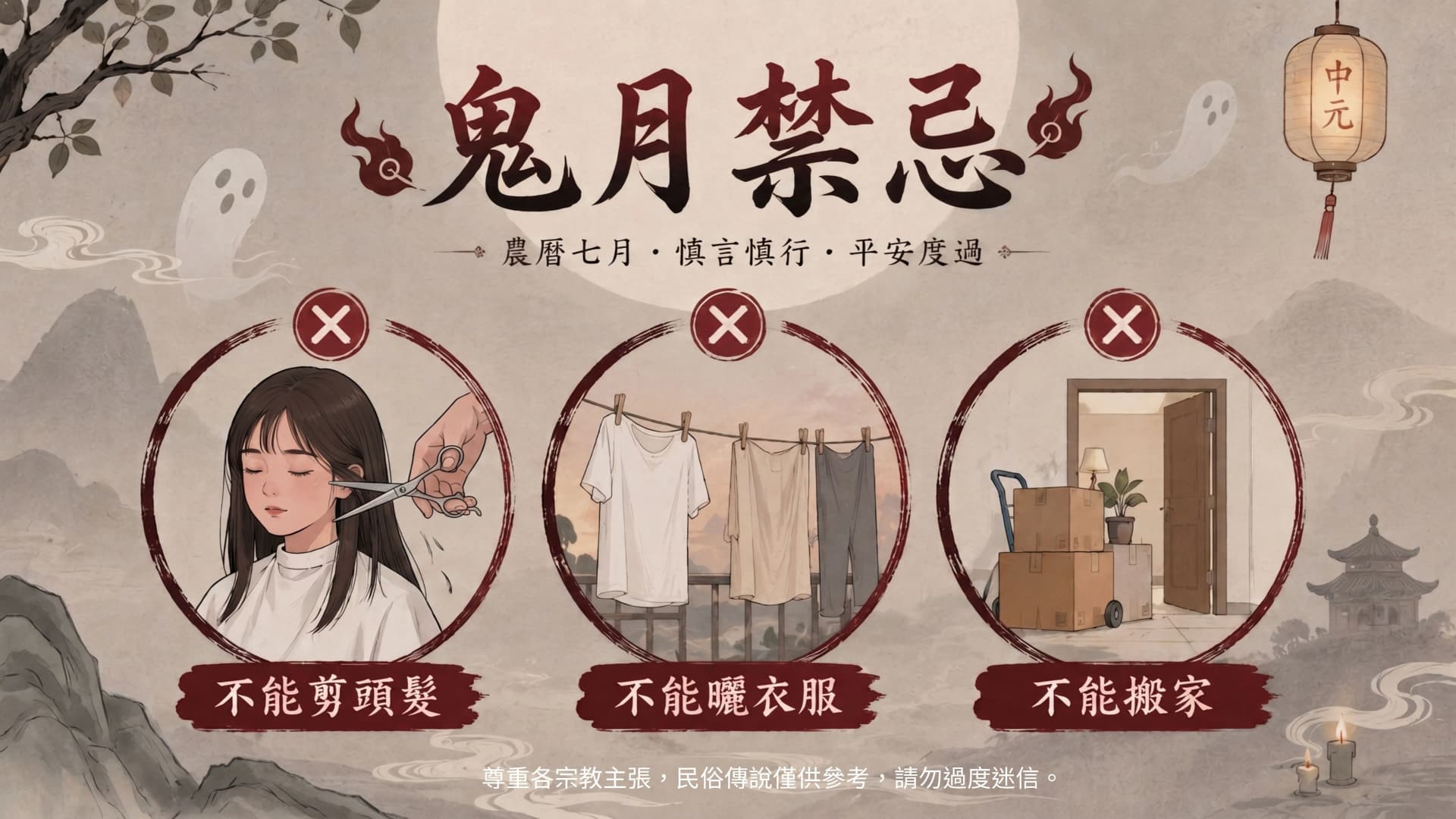 鬼月禁忌的資訊圖表,上方標題「鬼月禁忌」,下方分別用文字和插圖說明農曆七月禁止剪頭髮、曬衣服與搬家等事項。