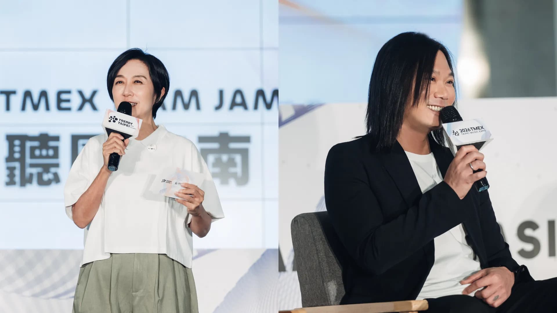 2026年JAM JAM ASIA聽團指南記者會策展人組合圖。左側呈現黃韻玲身穿白色上衣手持麥克風致詞,右側展示五月天瑪莎身穿深色西裝發言畫面。