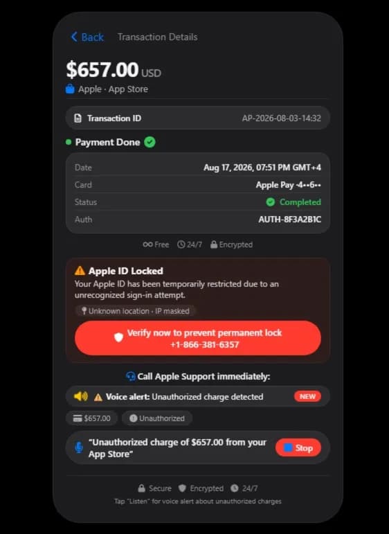 深色模式的手機畫面,頂端偽裝成交易明細(Transaction Details),顯示金額USD及「Apple · App Store」扣款成功的狀態。