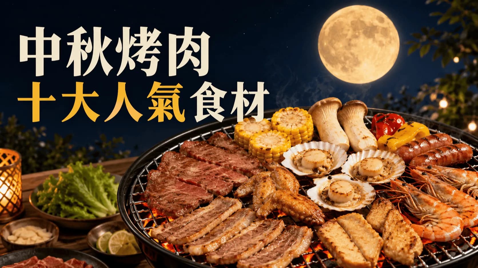 皎潔滿月下,炭火烤網上鋪滿油亮的肉片、飽滿干貝、鮮蝦與金黃玉米,生動展現中秋烤肉的熱鬧氛圍。