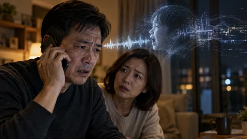 神情焦急的男子正在接聽手機,身旁的女子面露擔憂,畫面呈現出AI語音詐騙的情境。