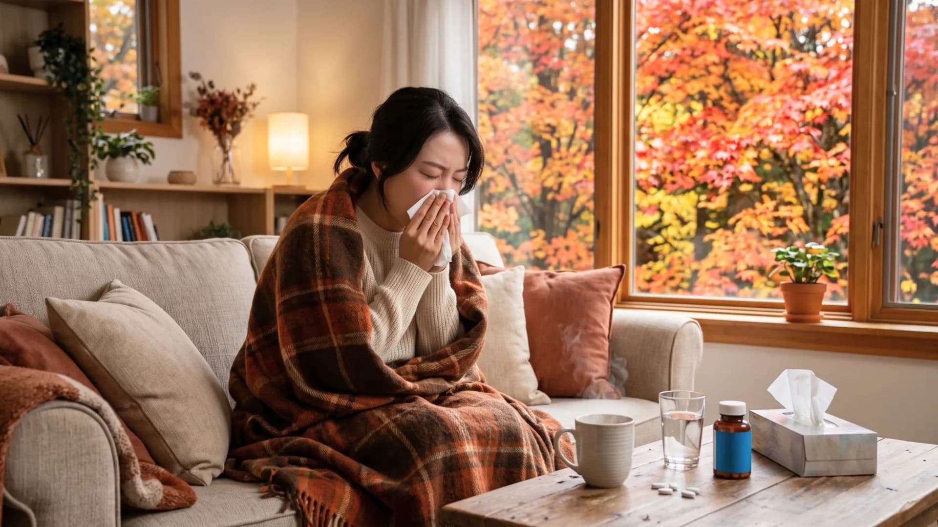 女性裹著毛毯坐在客廳沙發上用衛生紙擦鼻涕,茶几擺放著熱水、藥瓶與面紙,窗外滿是秋天的紅黃樹葉。